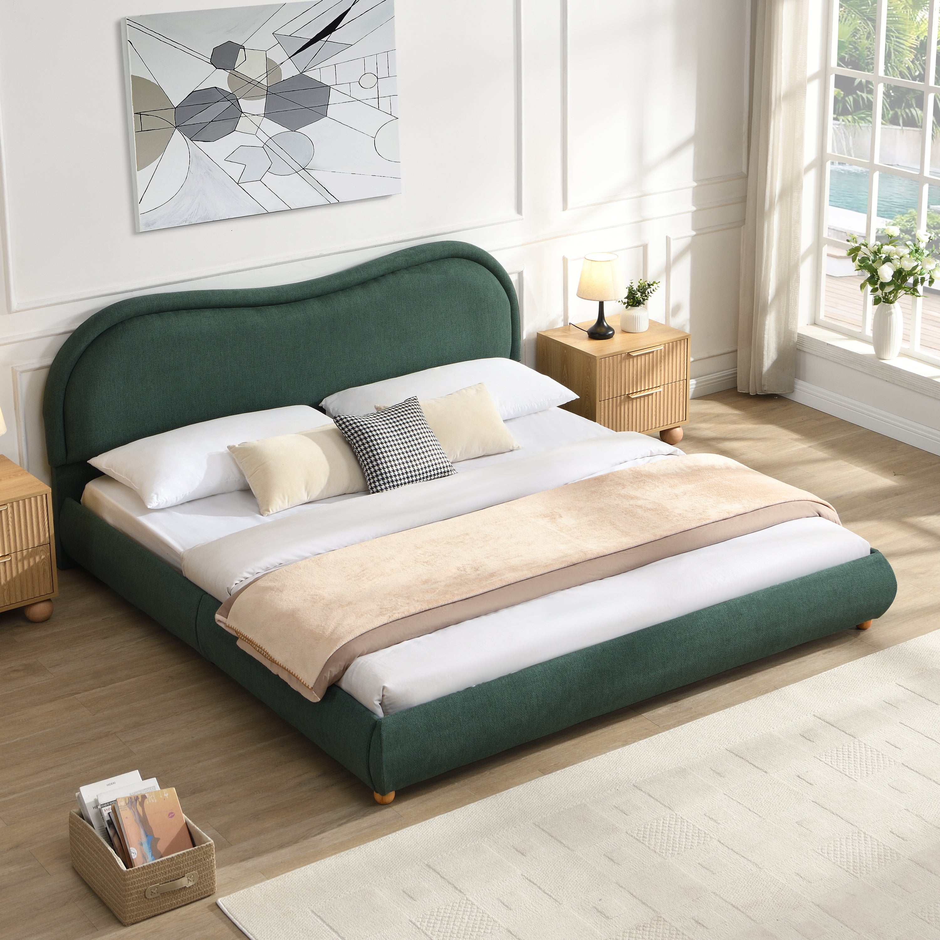 King Size Upholstered Platform Bed Frame with Rounded Corners