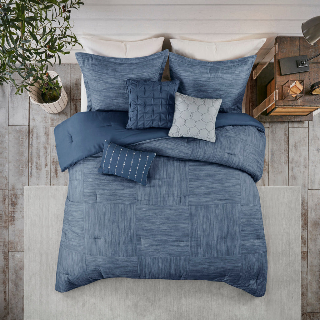 7 Piece Printed Seersucker Comforter Set Navy Queen