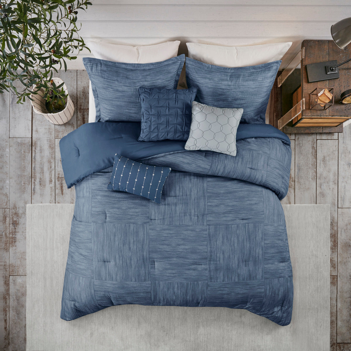 7 Piece Printed Seersucker Comforter Set Navy Queen