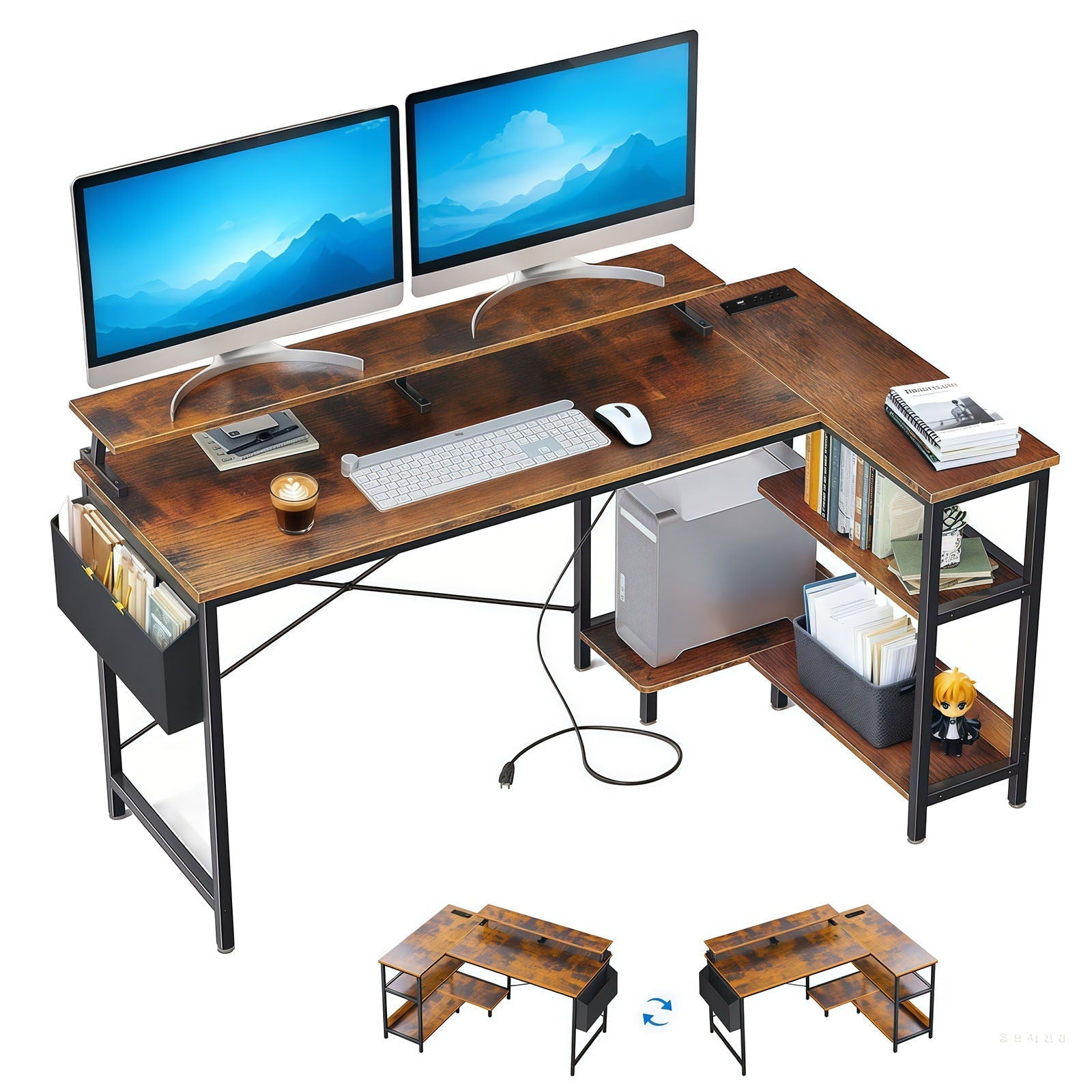 L-Shaped Gaming Desk With Power Outlets, Monitor Stand & Storage Shelves