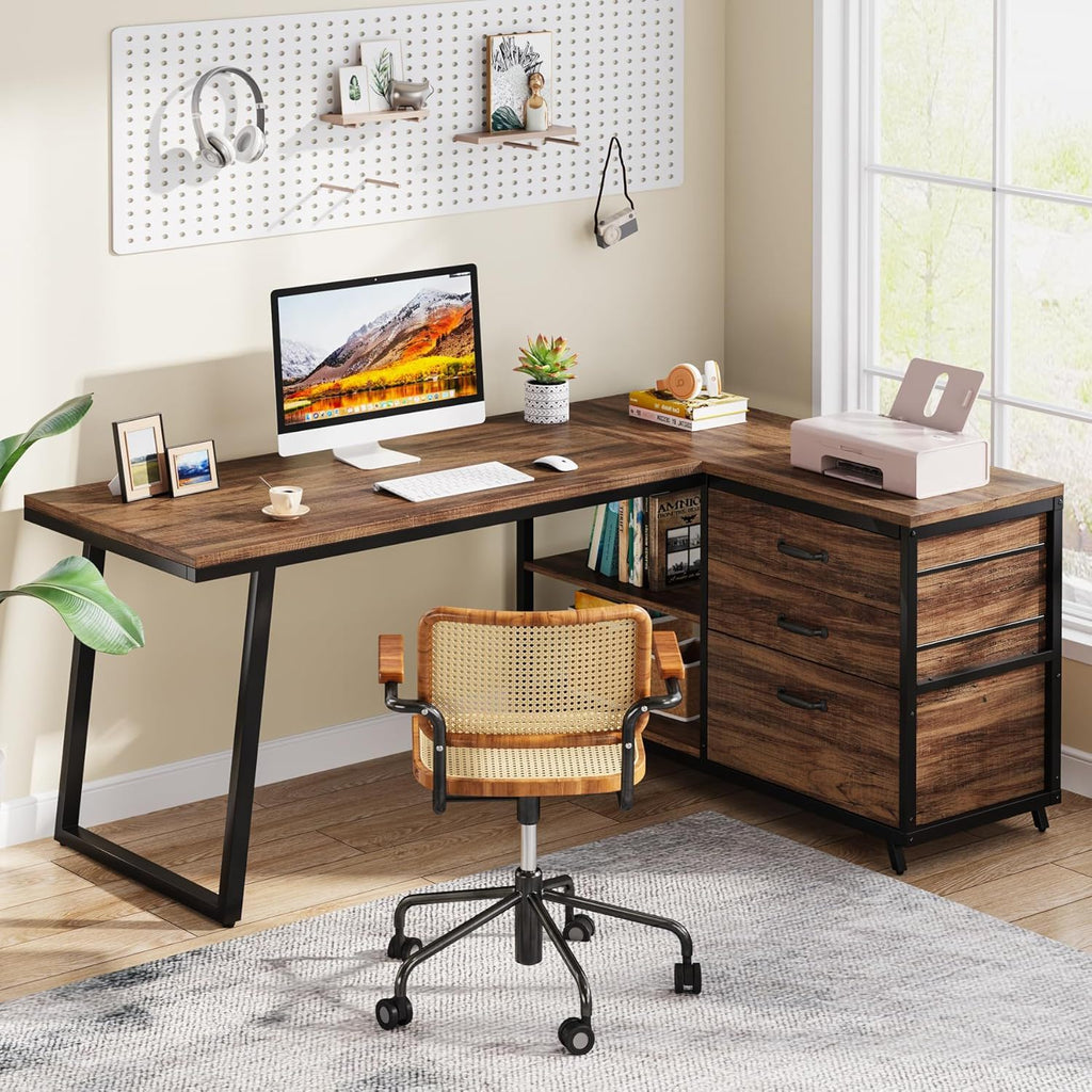 L-Shaped Computer Desk With 3 Drawers and Storage Shelves