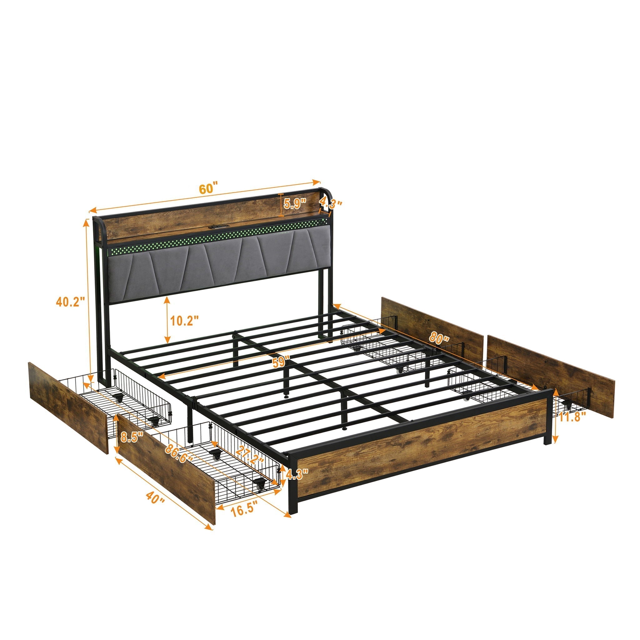 Modern Bed Frame With LED Lights, Upholstered Headboard, USB Charging