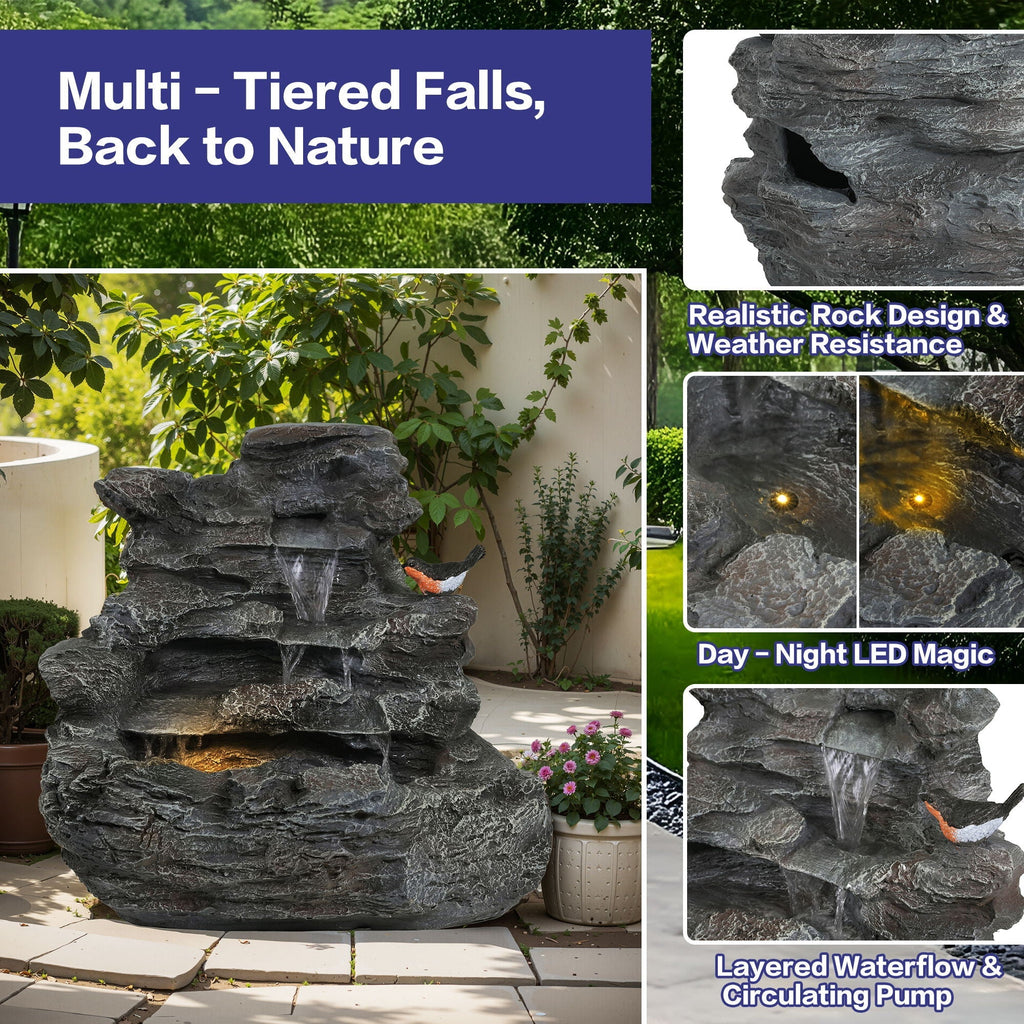 Concrete Rock Waterfall Fountain with LED Lights