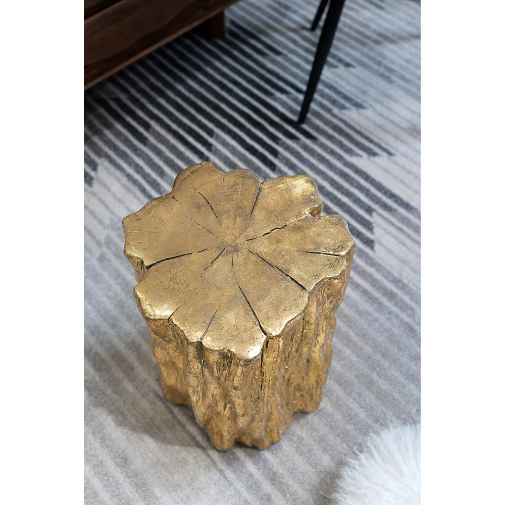 Unique Golden Tree Trunk Stool with Antique Gold Distressed Finish