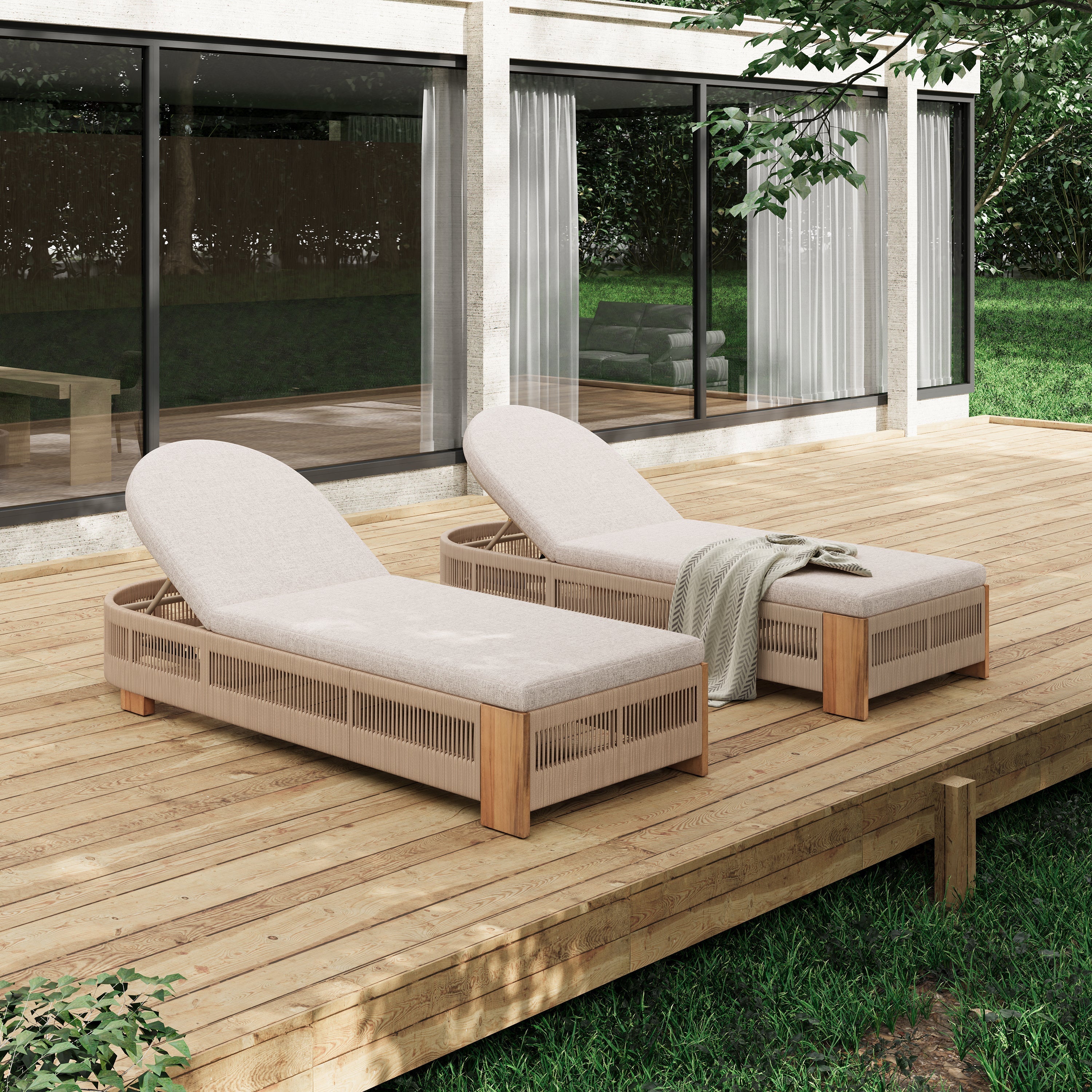 Outdoor Chaise Lounge Chair, Acacia Wood with Adjustable Backrest and Cushion