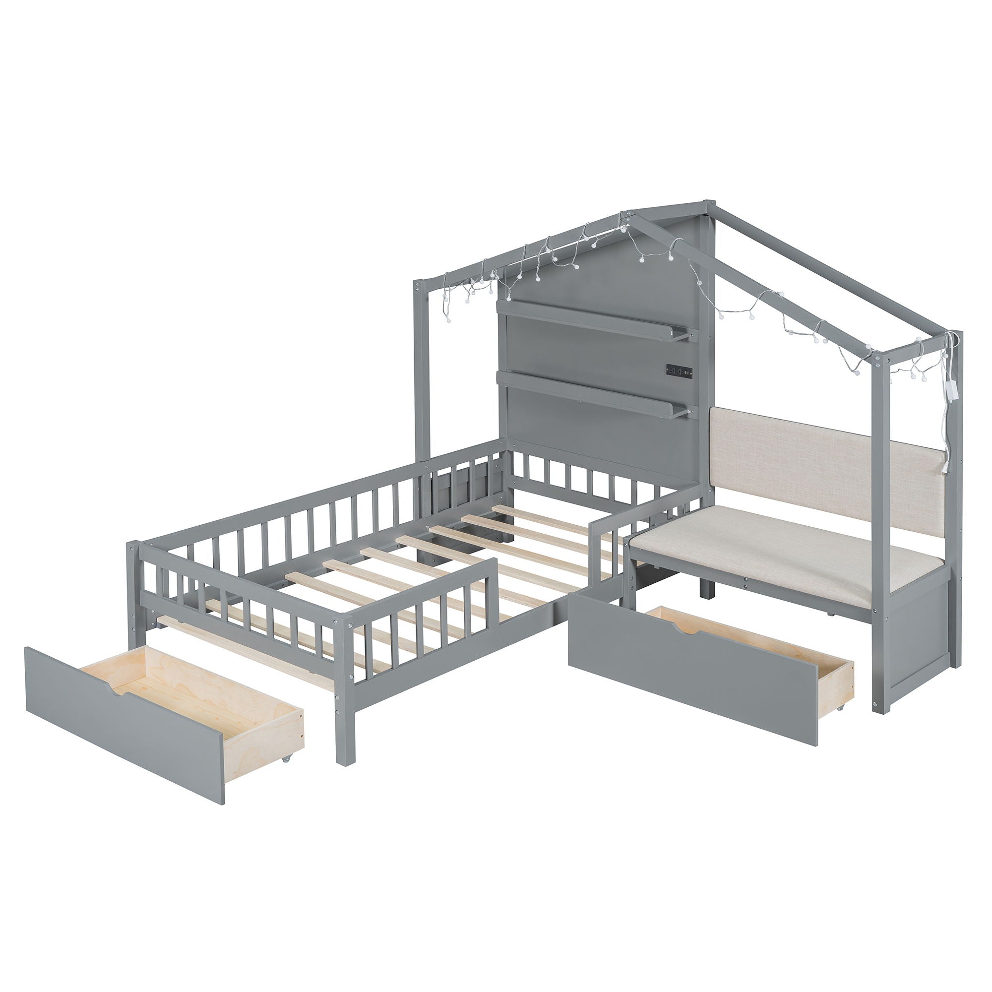 House Bed With Upholstered Sofa, Wireless Charging Station, Shelves And 2 Drawers