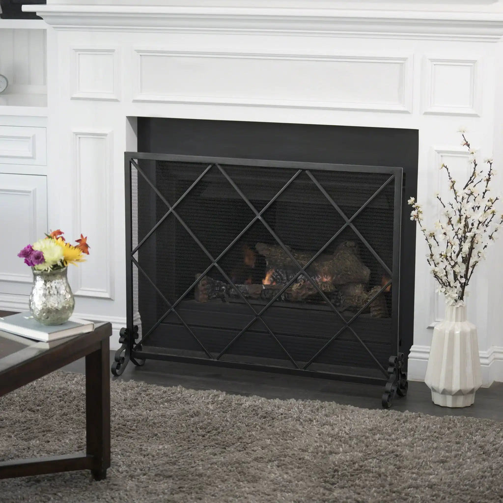 Minimalist Single Panel Iron Fireplace Screen with Diamond Design