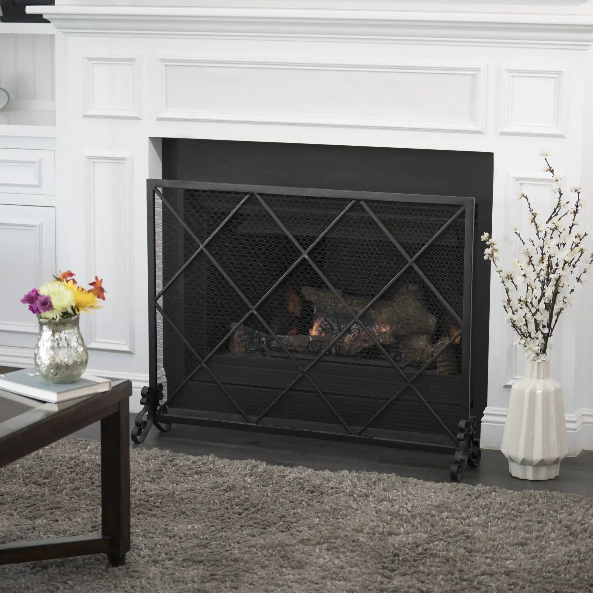 Minimalist Single Panel Iron Fireplace Screen with Diamond Design