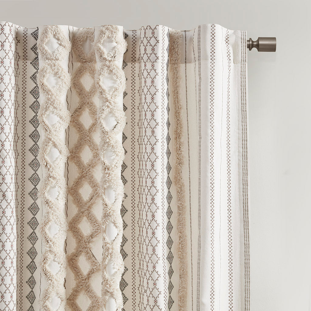 Cotton Printed Curtain Panel with Chenille Stripe and Lining Ivory 50x84