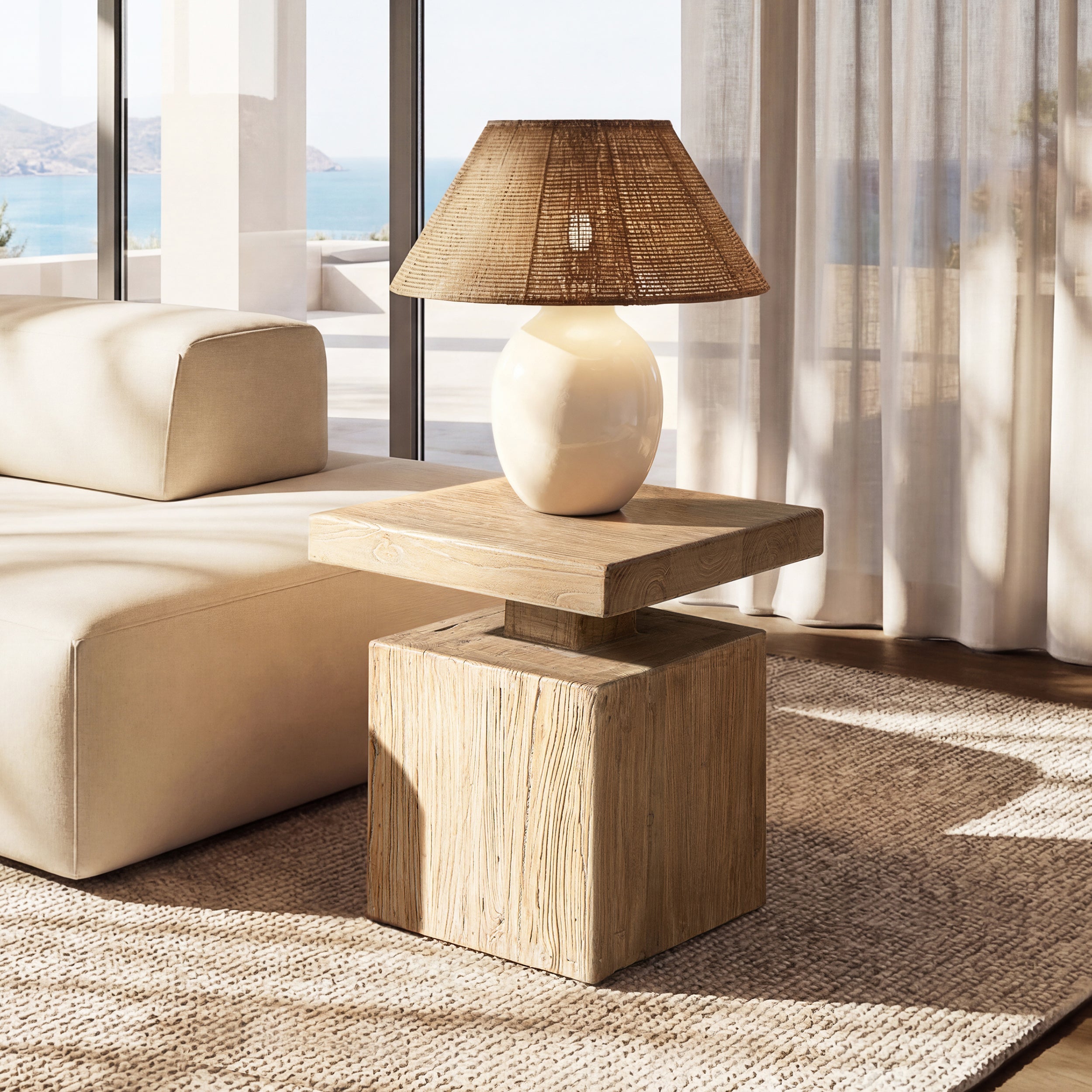 Calder 18' Solid Square Reclaimed Elm Block Plinth Side Table, Heritage Light Natural Brown