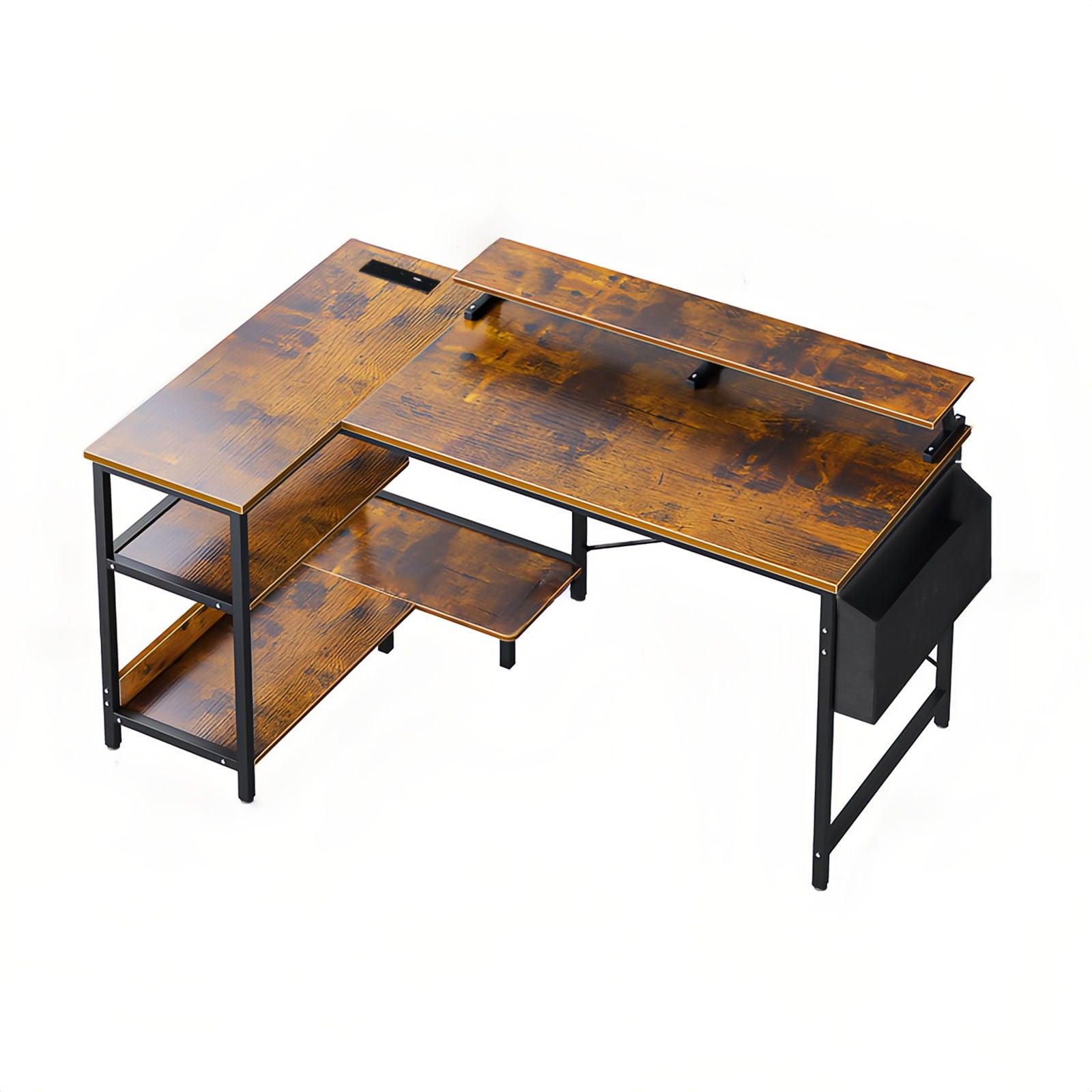 L-Shaped Gaming Desk With Power Outlets, Monitor Stand & Storage Shelves