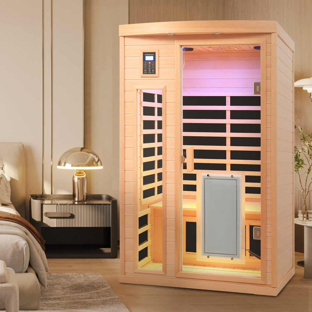 Low EMF, There is also a heating plate on the glass door, Hemlock wood Far-infrared indoor Two person sauna room
