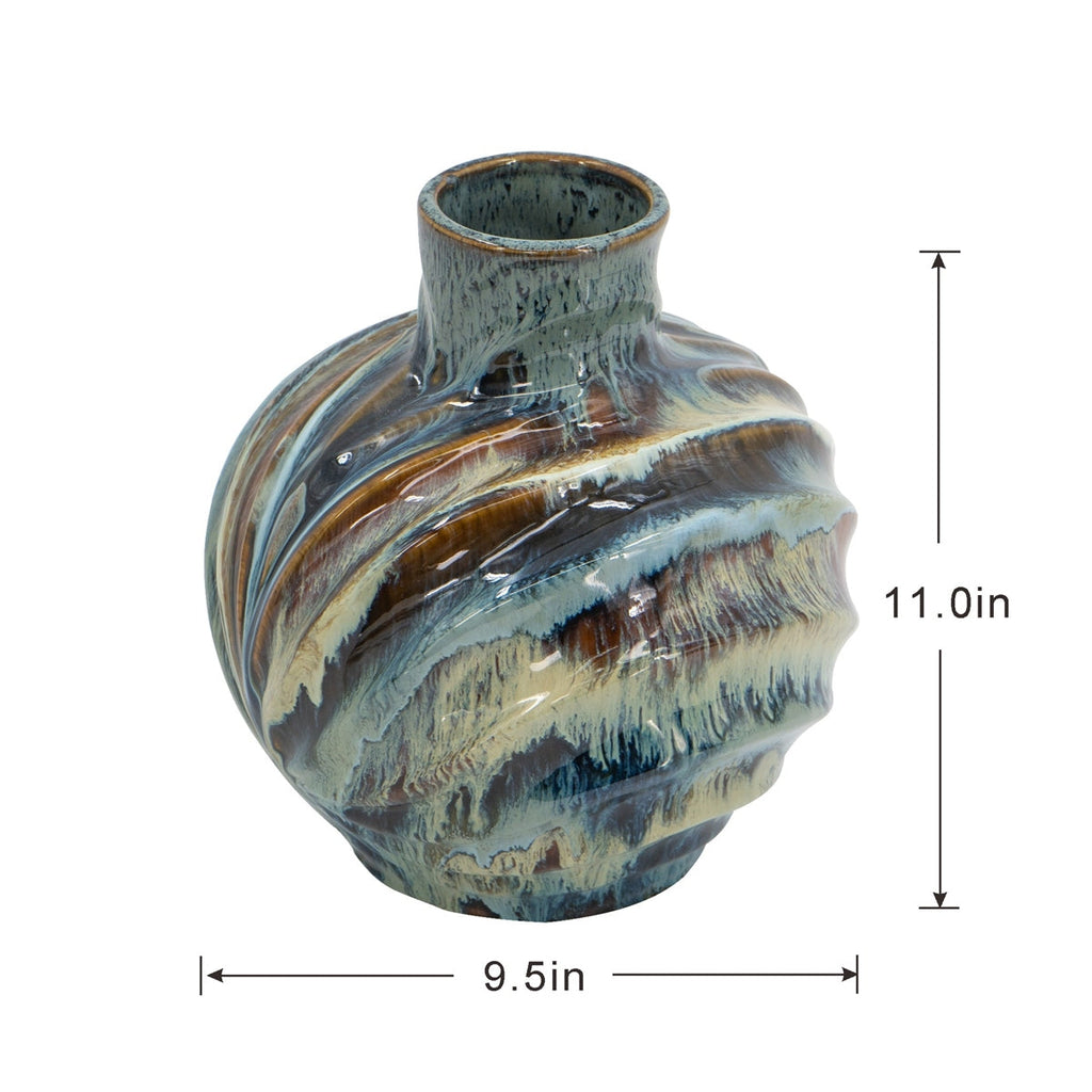 9.4x9.4x11" Blue and Brown Reactive Glazed Accent Vase