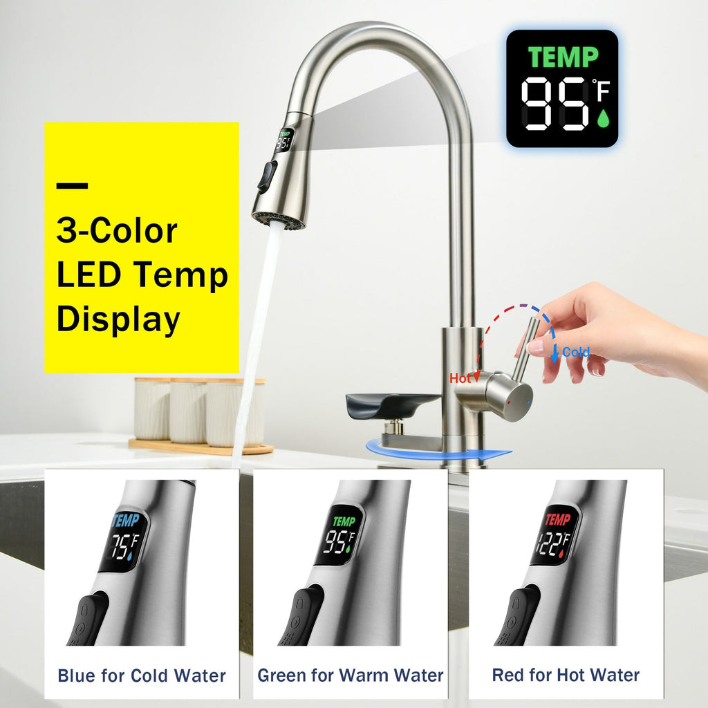 3-in-1 Kitchen Faucet with LED Temperature Display, Press-Type Glass Rinser, Pull-Down Sprayer, 3 Spray Modes, Brushed Nickel Finish, Stainless Steel Construction