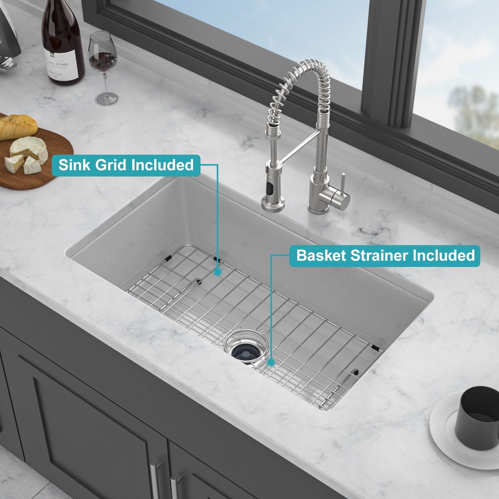 Rectangular Deep Single Bowl Kitchen Sink With Dual Mount Installation