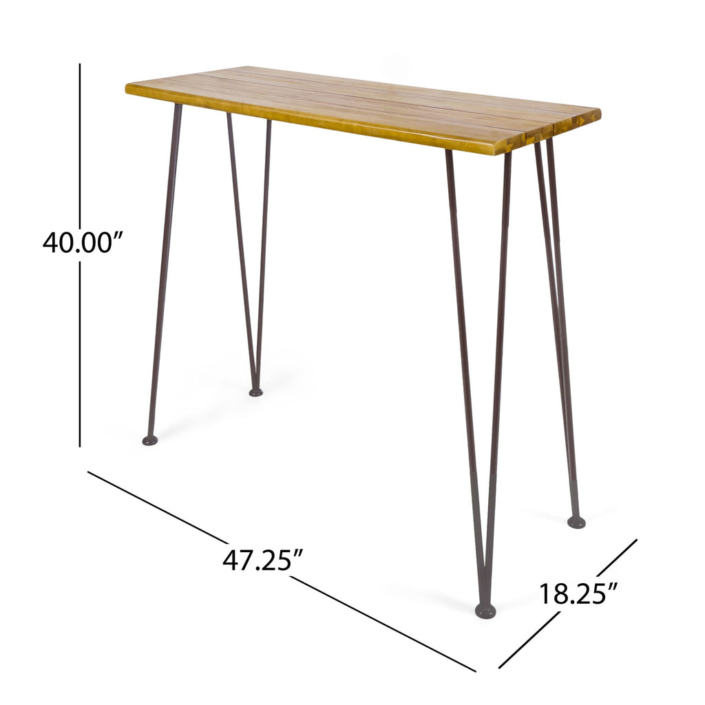 Outdoor Bar Table with Wood Tabletop and Iron Hairpin Legs - Black / Teak