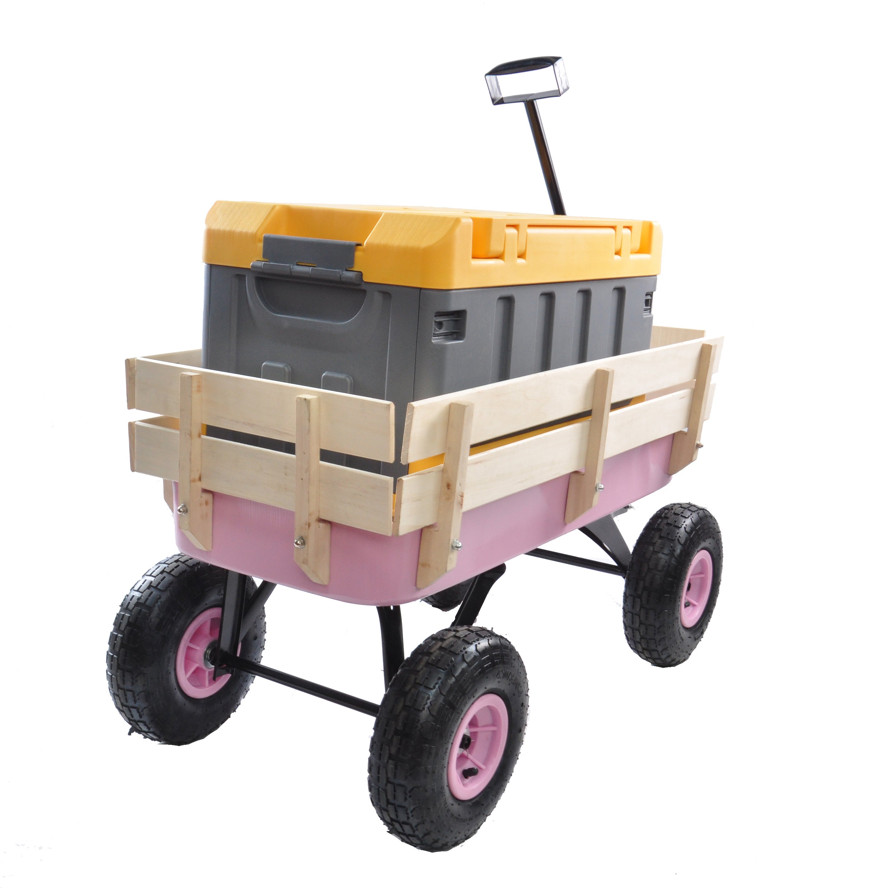 Outdoor All Terrain Garden Wagon with Wooden Railings and Pneumatic Tires