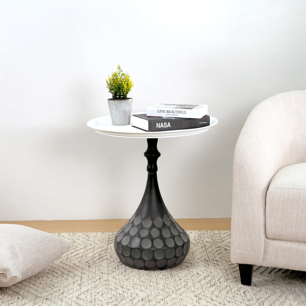 Accent Metal Coffee Table, Pedestal Table for Living Room, Hand-Hammered Texture, White+Black