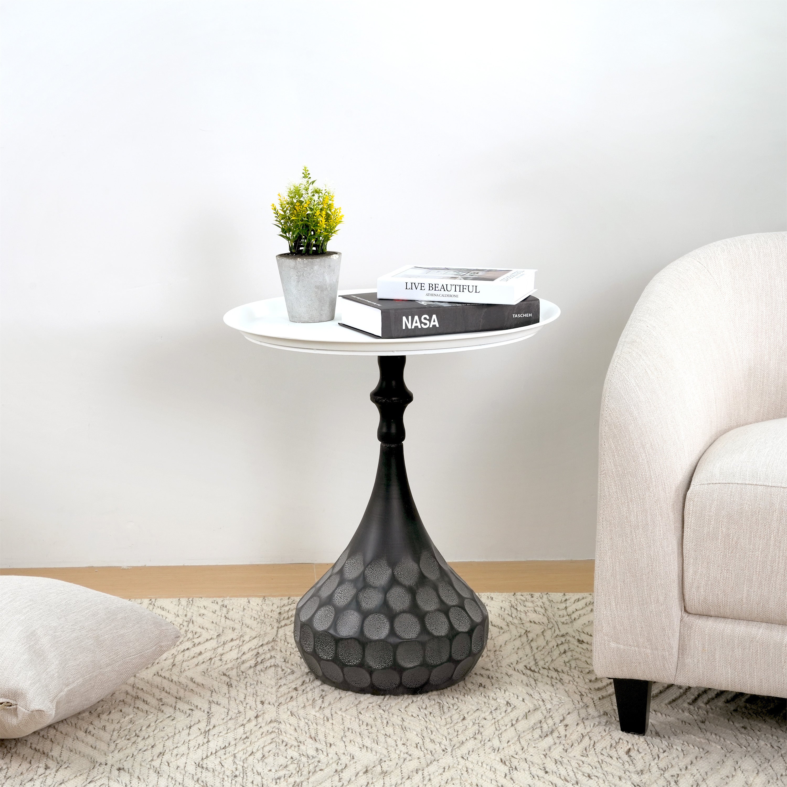 Accent Metal Coffee Table, Pedestal Table for Living Room, Hand-Hammered Texture, White+Black