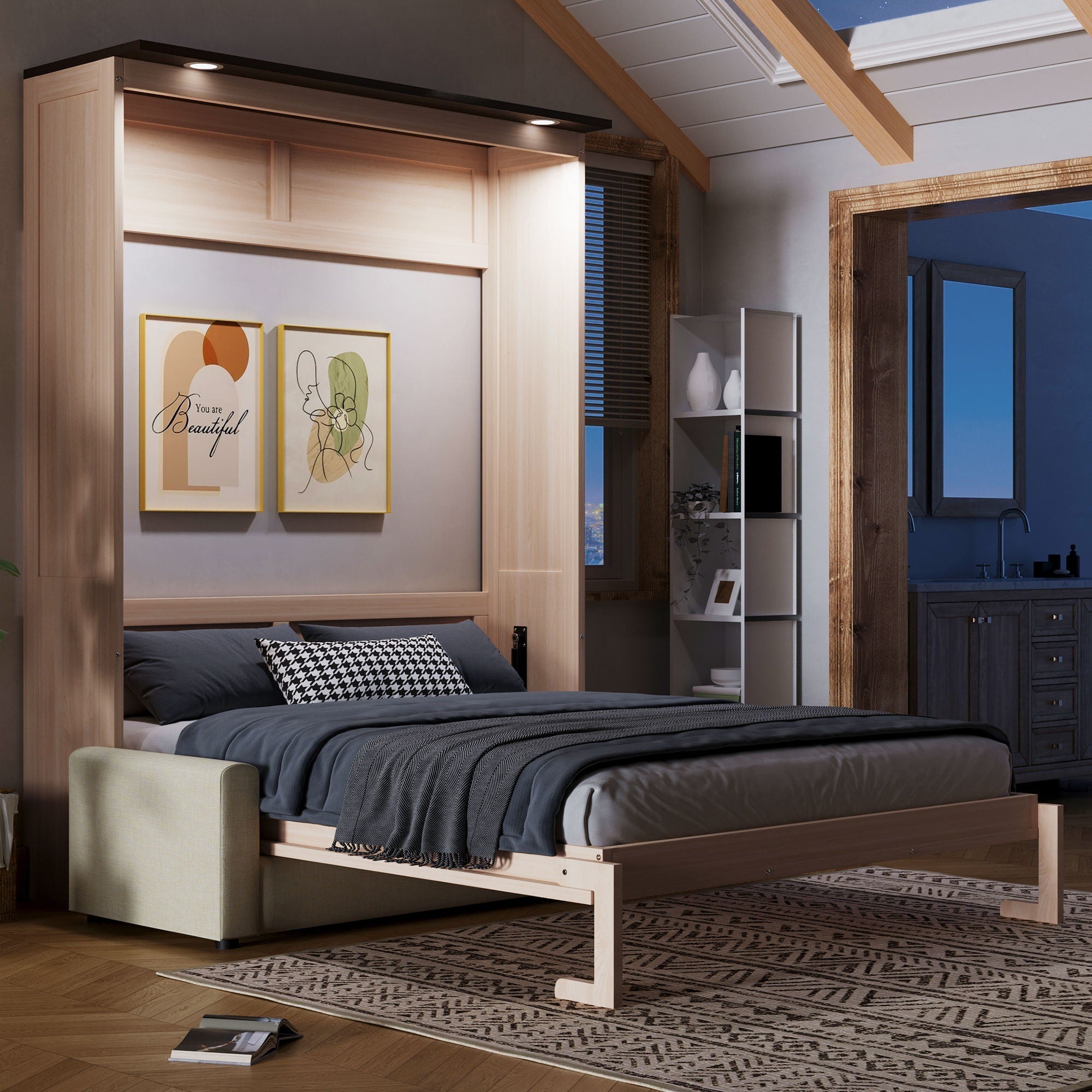 Queen Size Murphy Bed With Sofa And LED - Beige