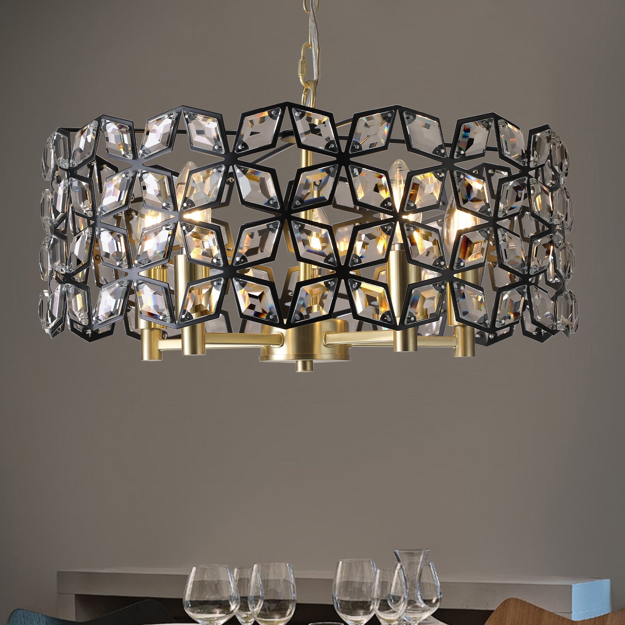 19" Geometric Crystal and Black Gold Round Pendant Chandelier