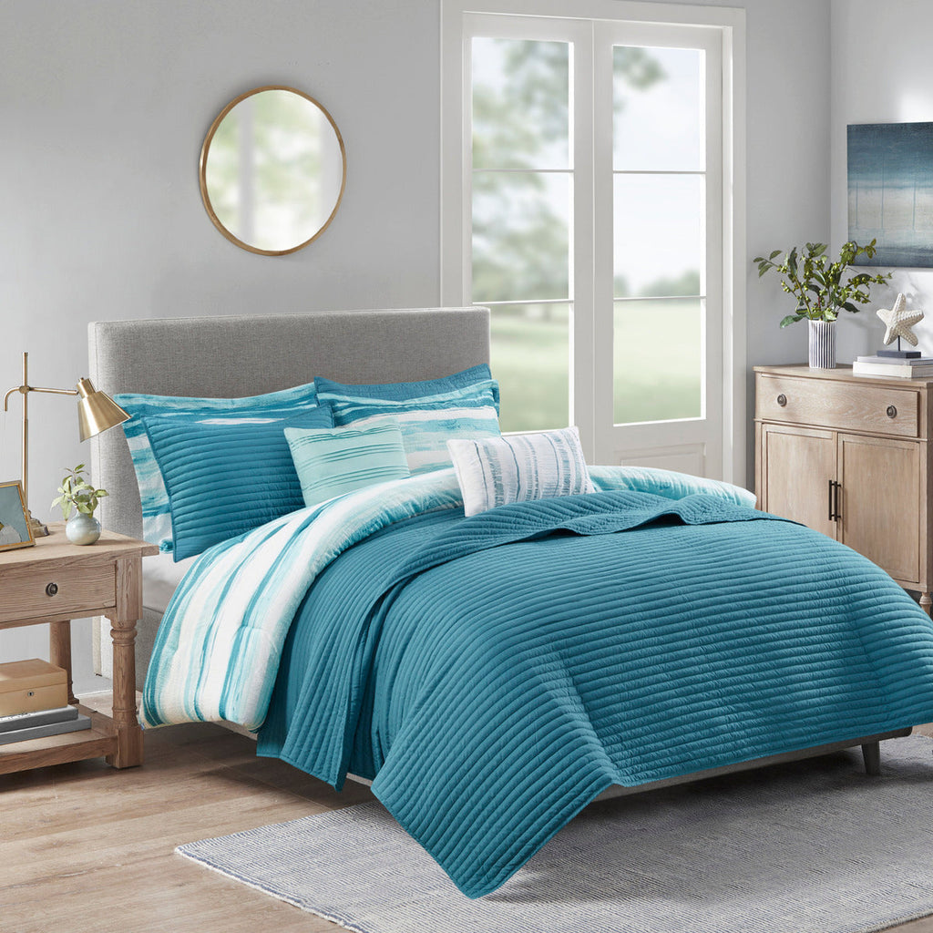 8 Piece Printed Seersucker Comforter and Quilt Set Collection Aqua Full/Queen