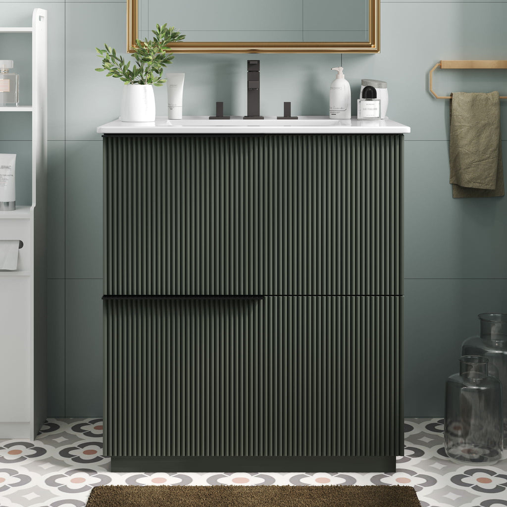 Fluted Bathroom Vanity With Ceramic Sink and Soft-Close Slides