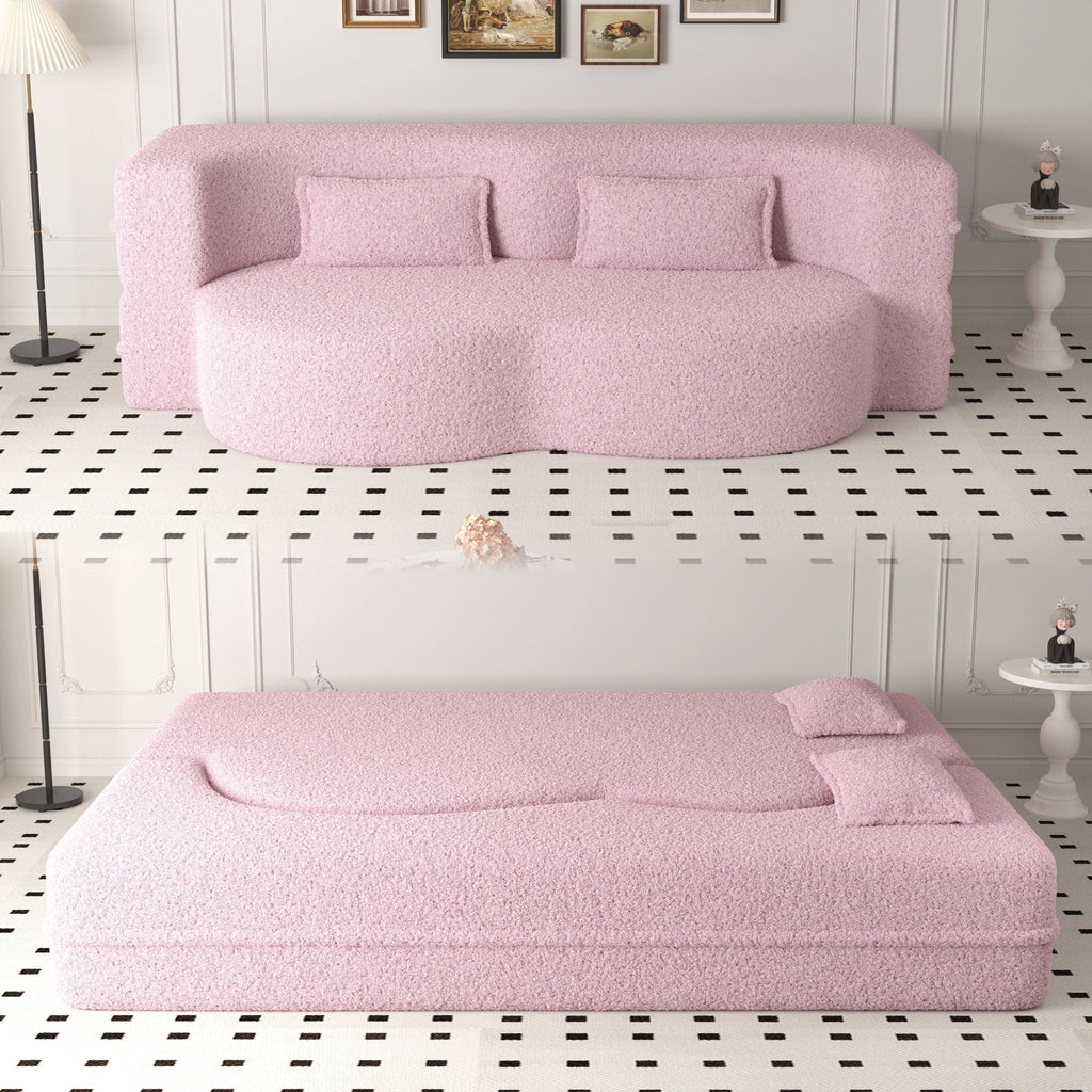 Modern Floor Sofa With Two Pillows Convertible Teddy Fabric Foam Filled Bed