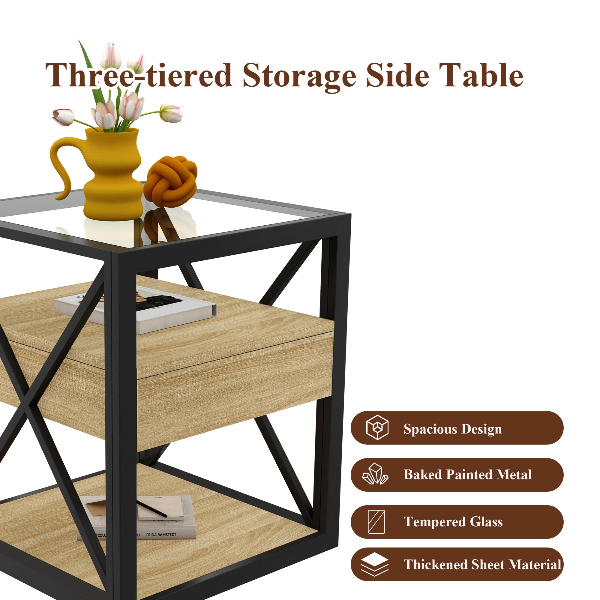 1 Piece Modern End Table with Drawer - Natural Wood & Tempered Glass