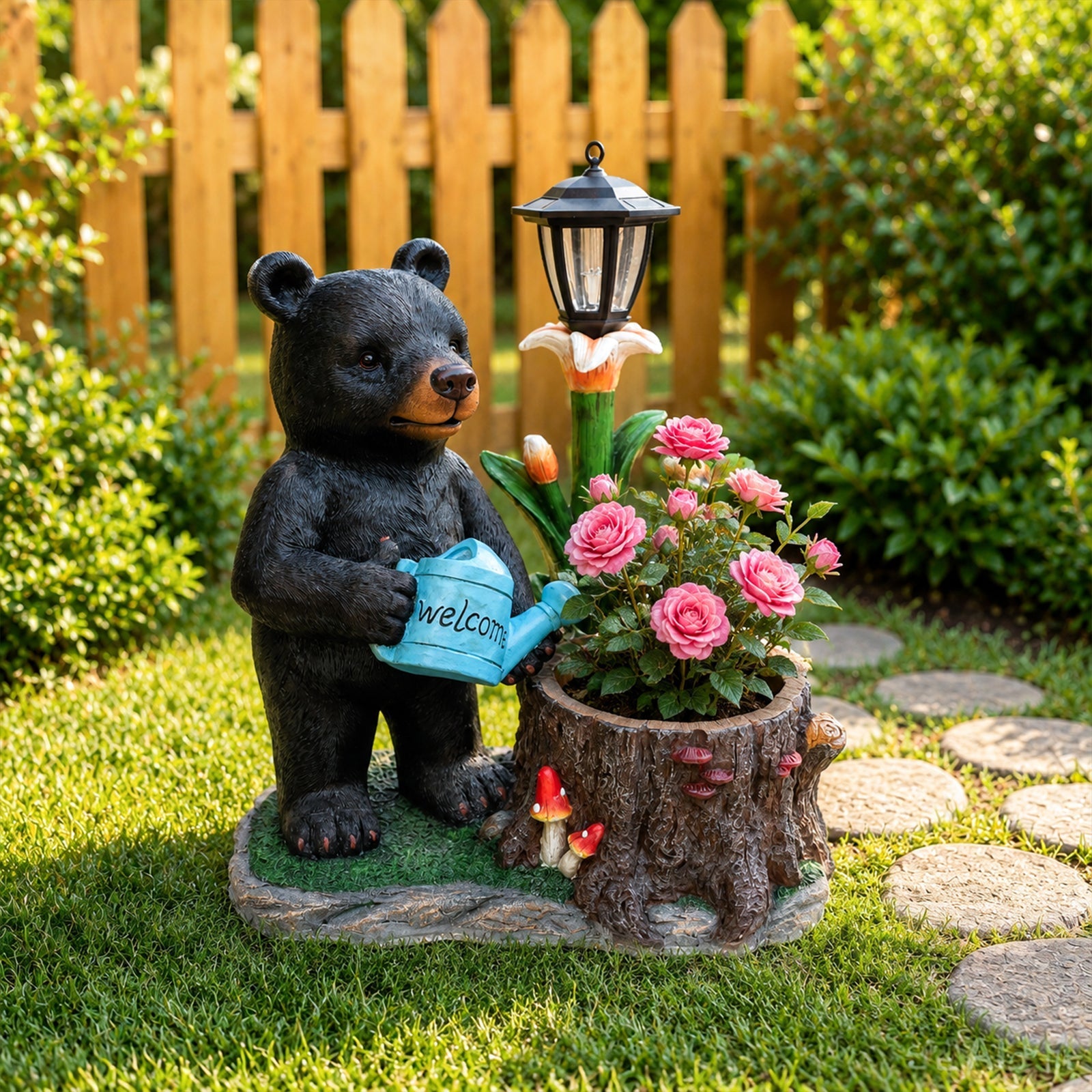 Standing Black Bear Garden Planter with Decorative Solar Lantern