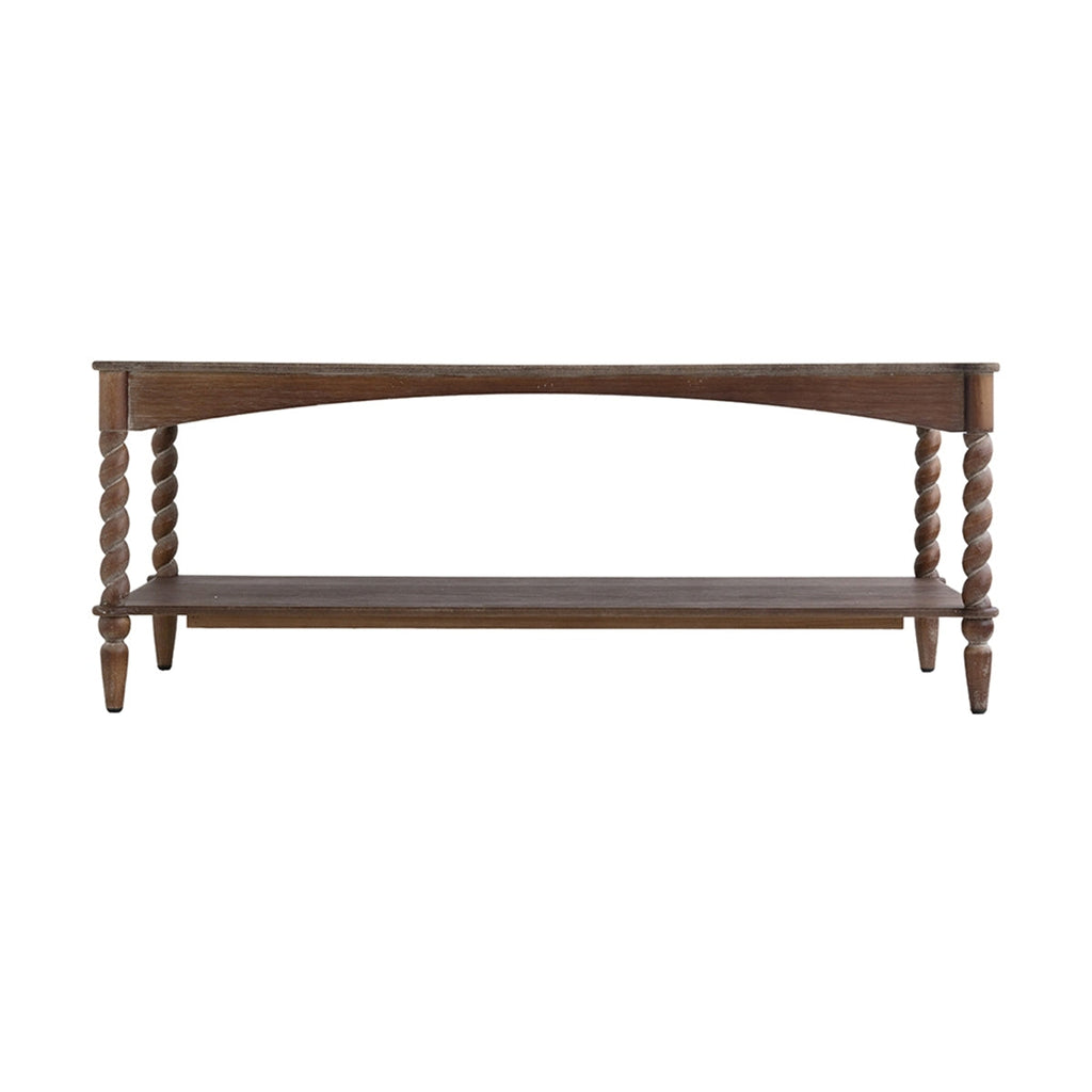 Rustic Brown Wood Coffee Table with Turned Spiral Legs and Lower Shelf