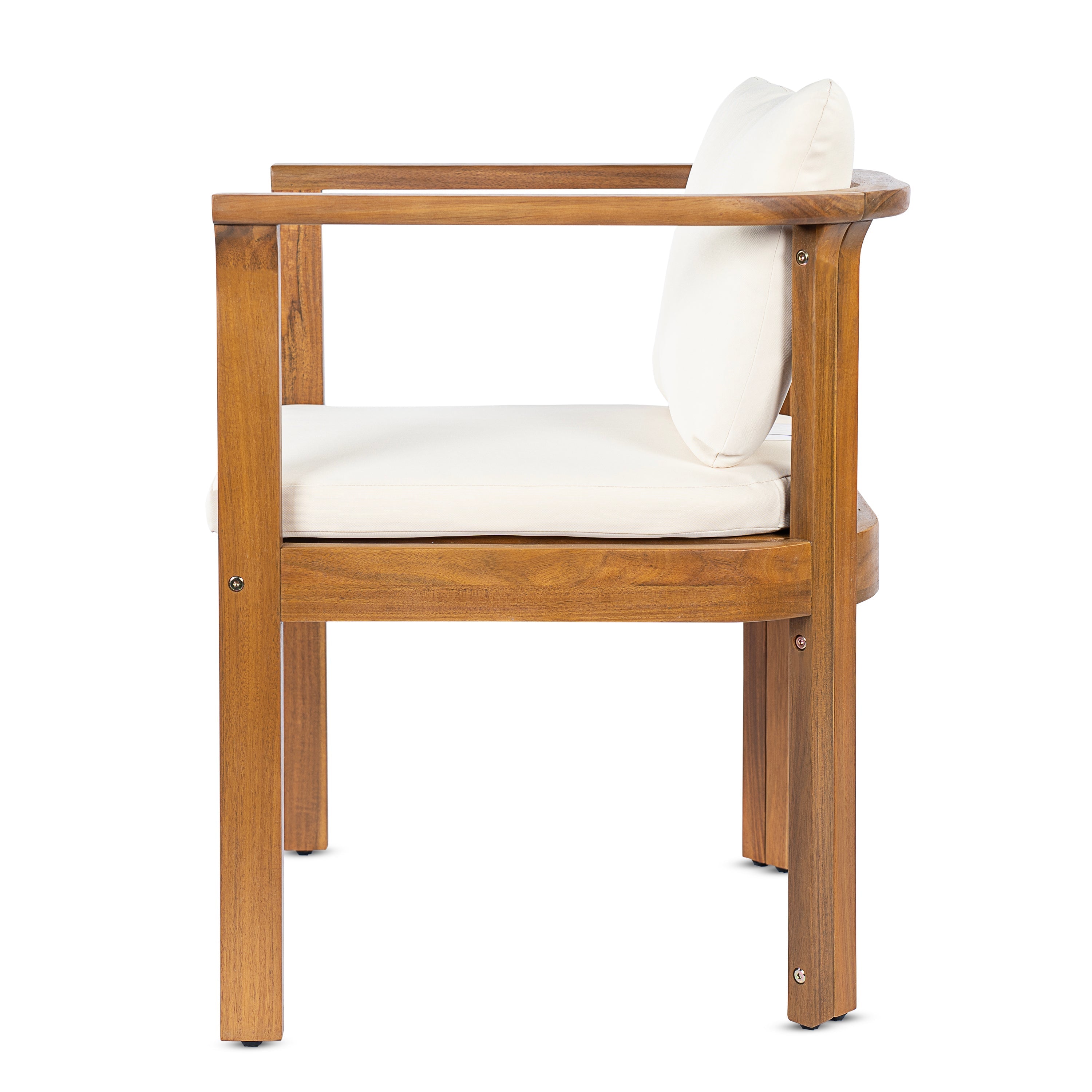 Outdoor Dining Chair Set of 4 with Curved Acacia Wood Arms and Cream Cushions