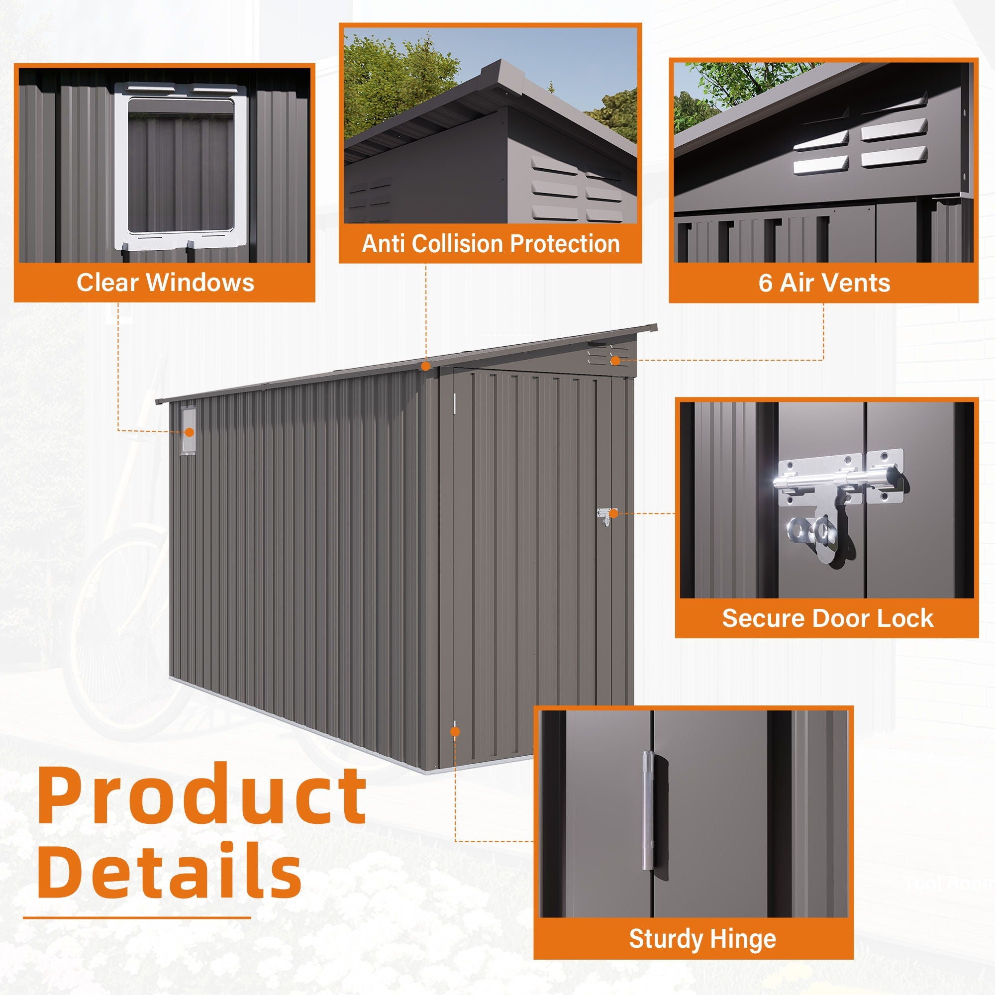 Lean To Shed With Windows, Tool House With Sloping Roof With 2 Vents And 1 Side Open Door For Backyard - Gray