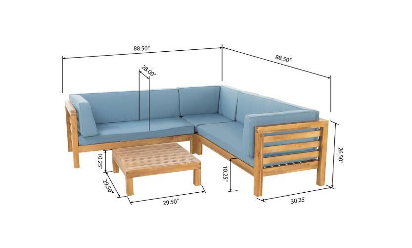 Oana Outdoor Wooden Sectional Set With Cushions, Blue