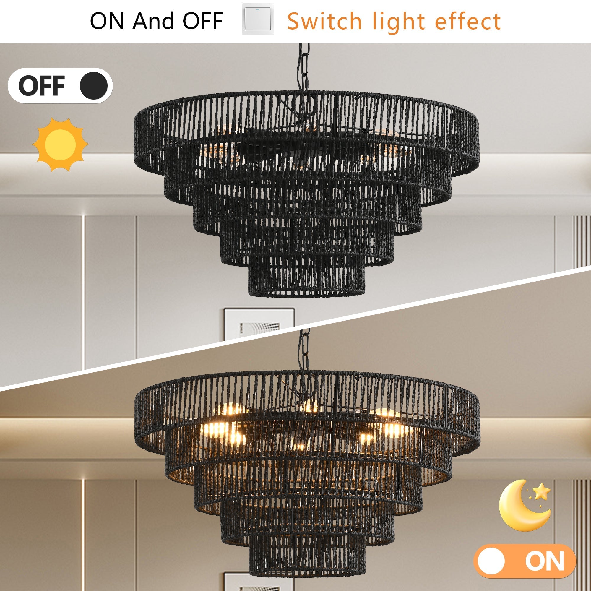 24" Rustic 5-Tier Black Hemp Rope Pendant Light Chandelier