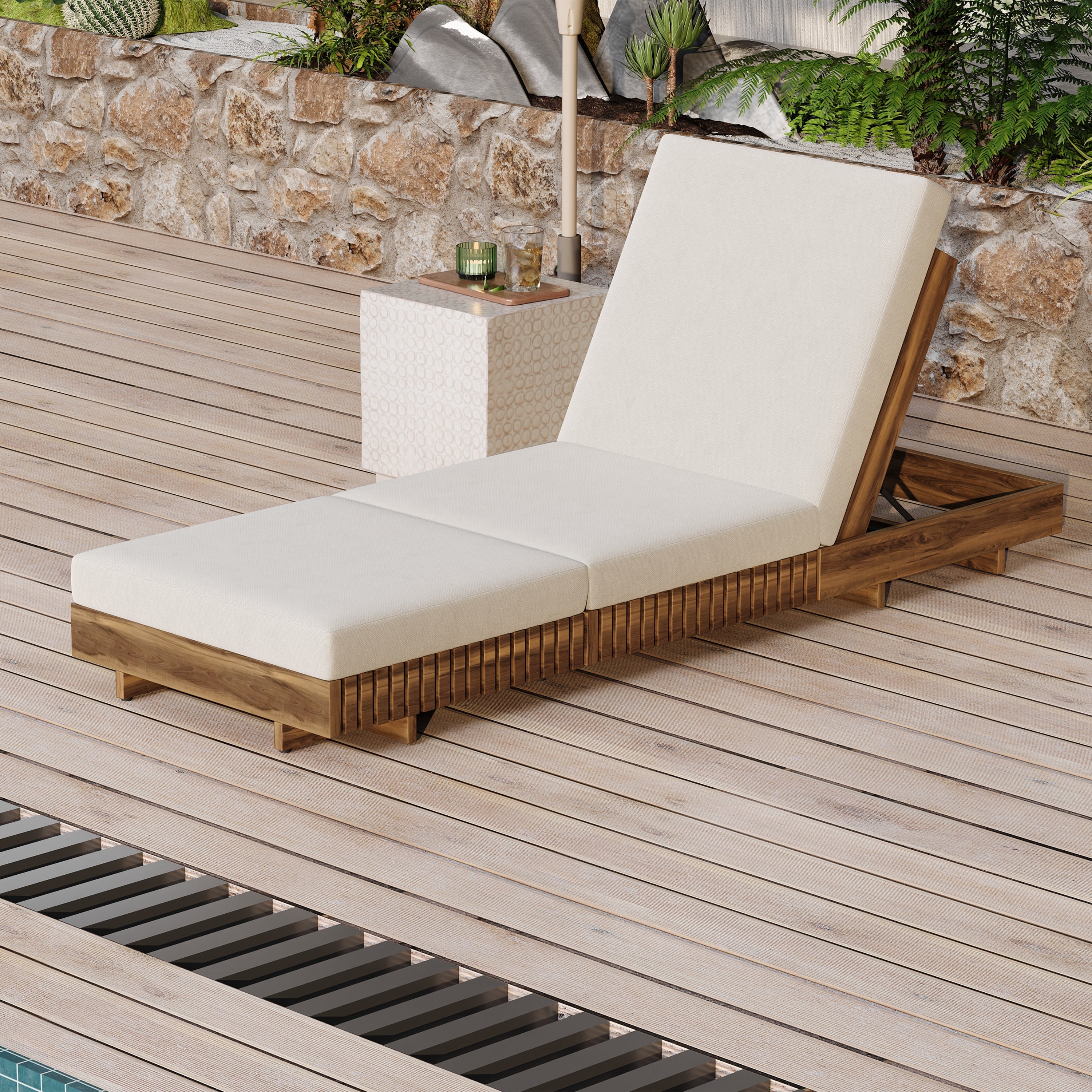 Lounge Chaise Set, Acacia Solid Wood with Cream Lounge Cushion