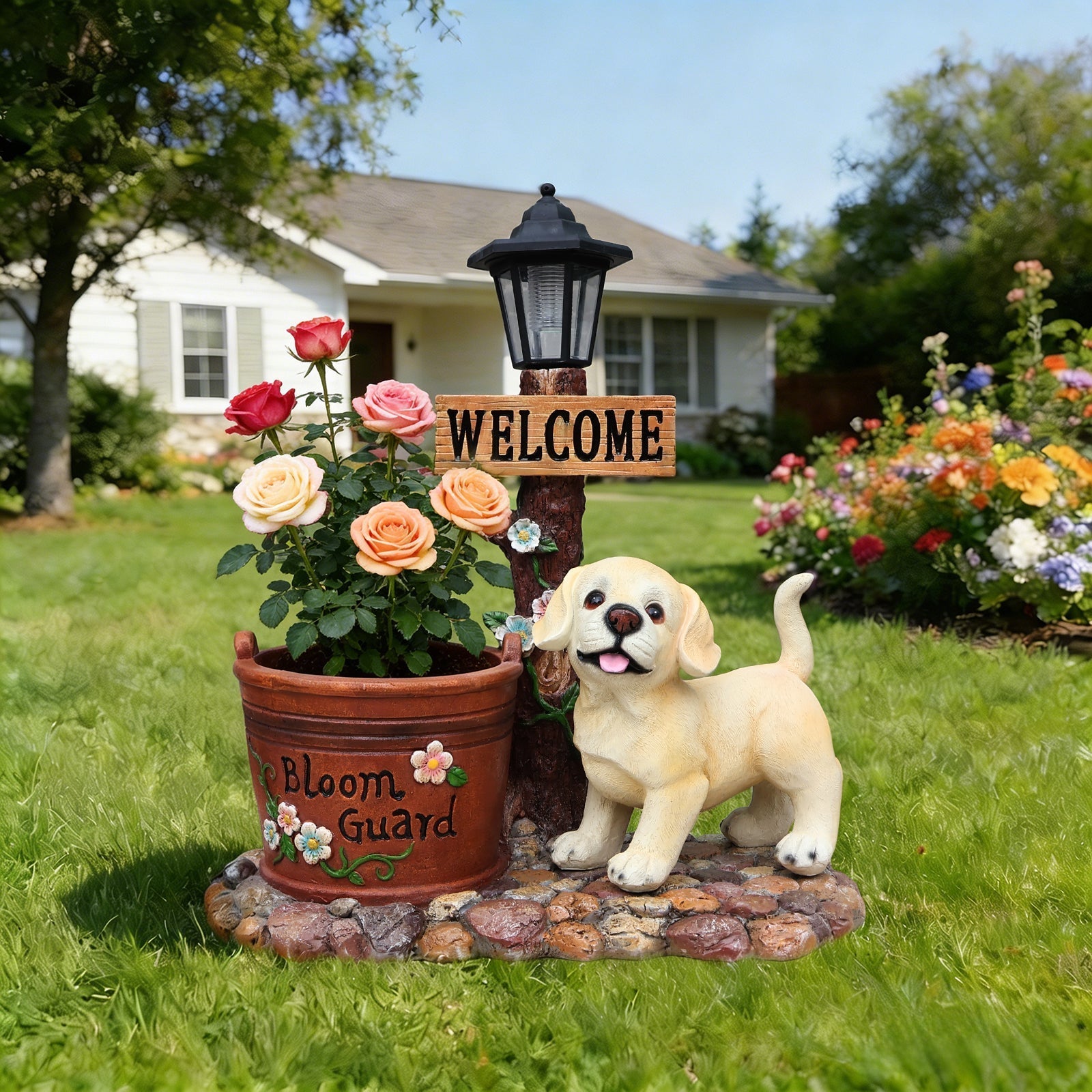 Labrador Puppy Solar Planter Garden Statue