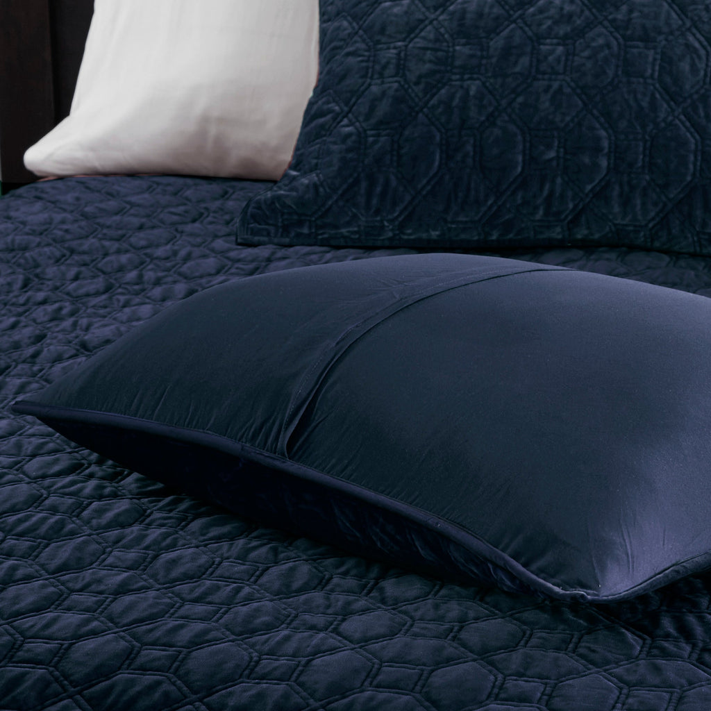 3 Piece Velvet Quilt Set Navy King/Cal King