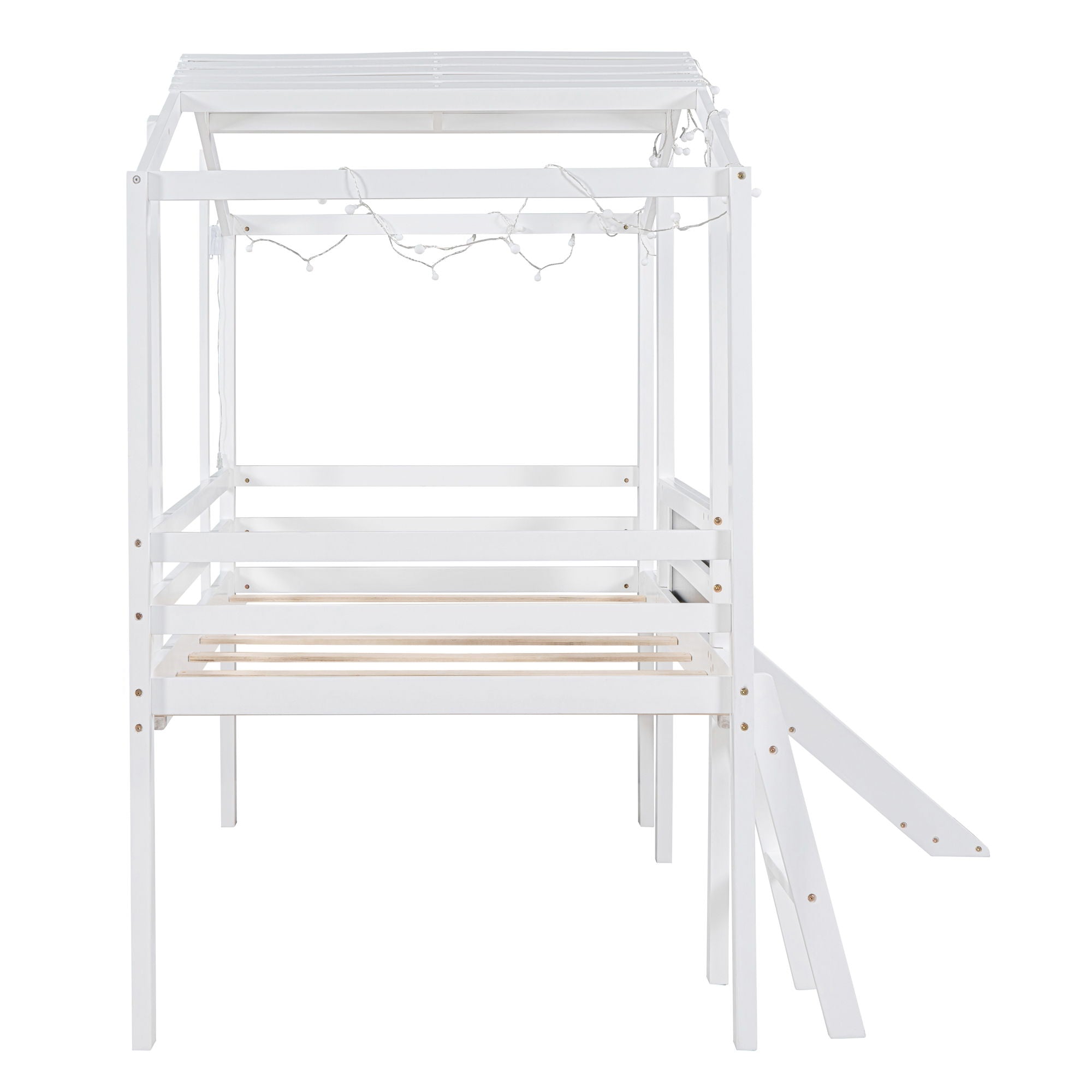 Loft House Bed With Ladder And Slide, With board And Light Strip On The Roof