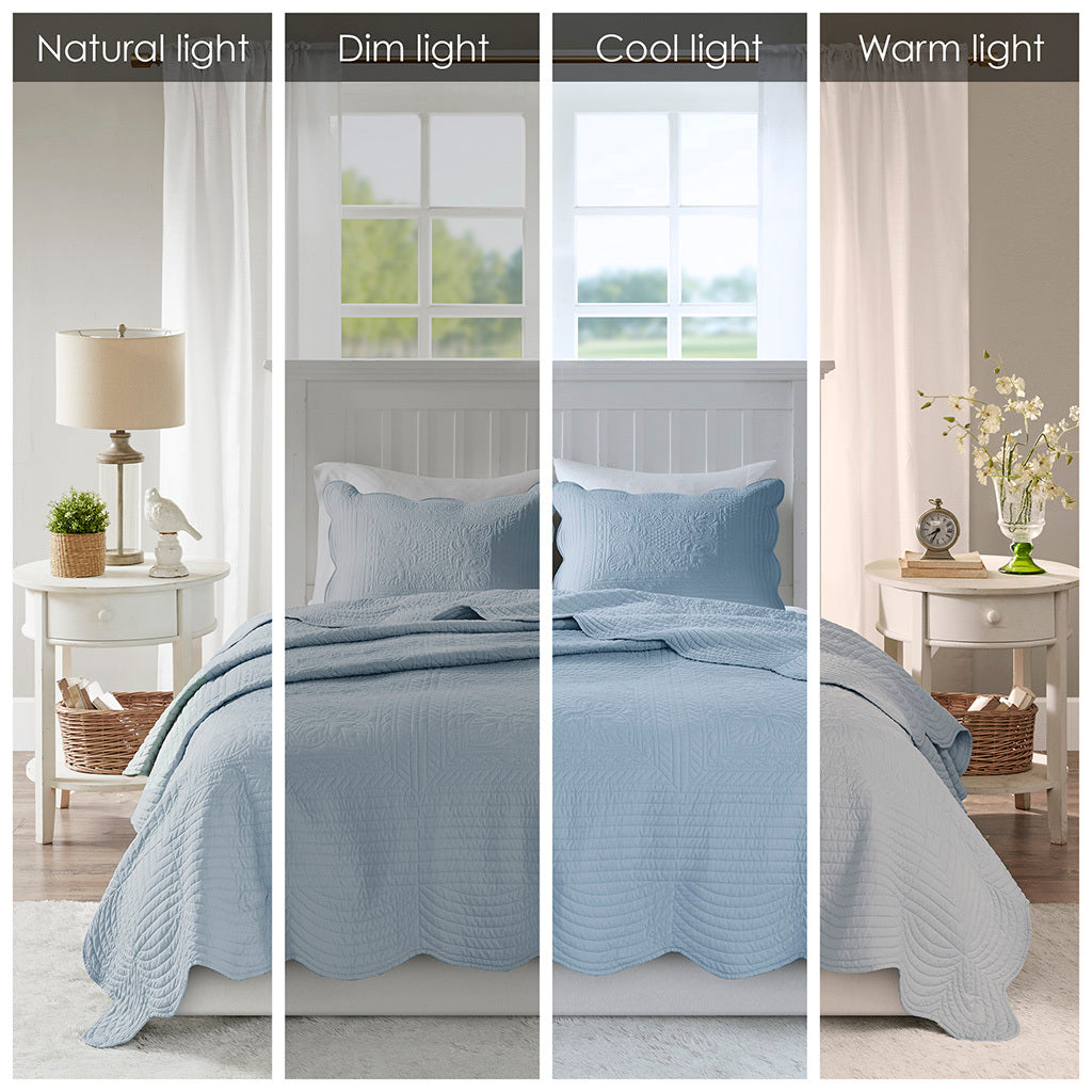3 Piece Reversible Scalloped Edge Quilt Set - Blue King/Cal King