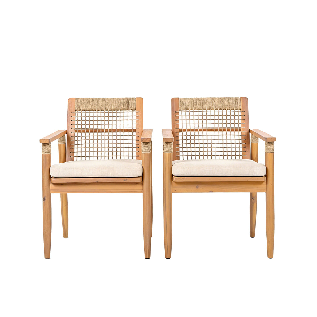 Outdoor Dining Chairs Set of 2 with Acacia Wood and Rope Design