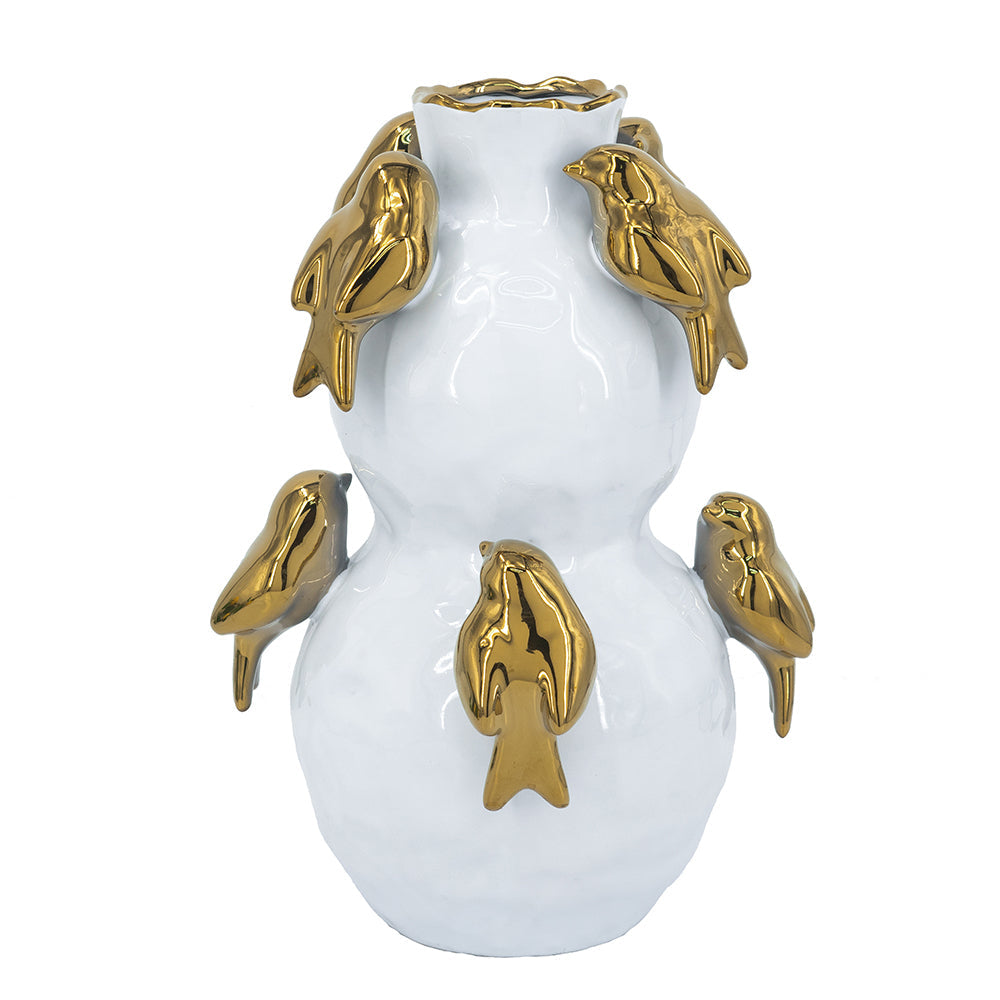 8.5x8.5x14 White Two-Tiered Ceramic Vase with Gold Bird Accents