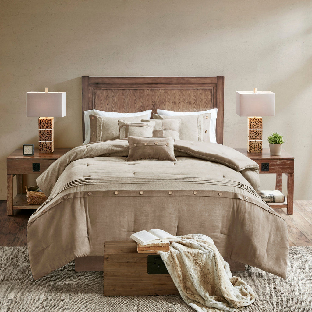 7 Piece Faux Suede Comforter Set Tan King