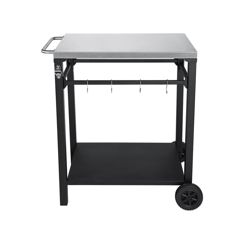 2-Tier Outdoor Grill Cart with Stainless Steel Top, Large Wheels & Tool Hooks