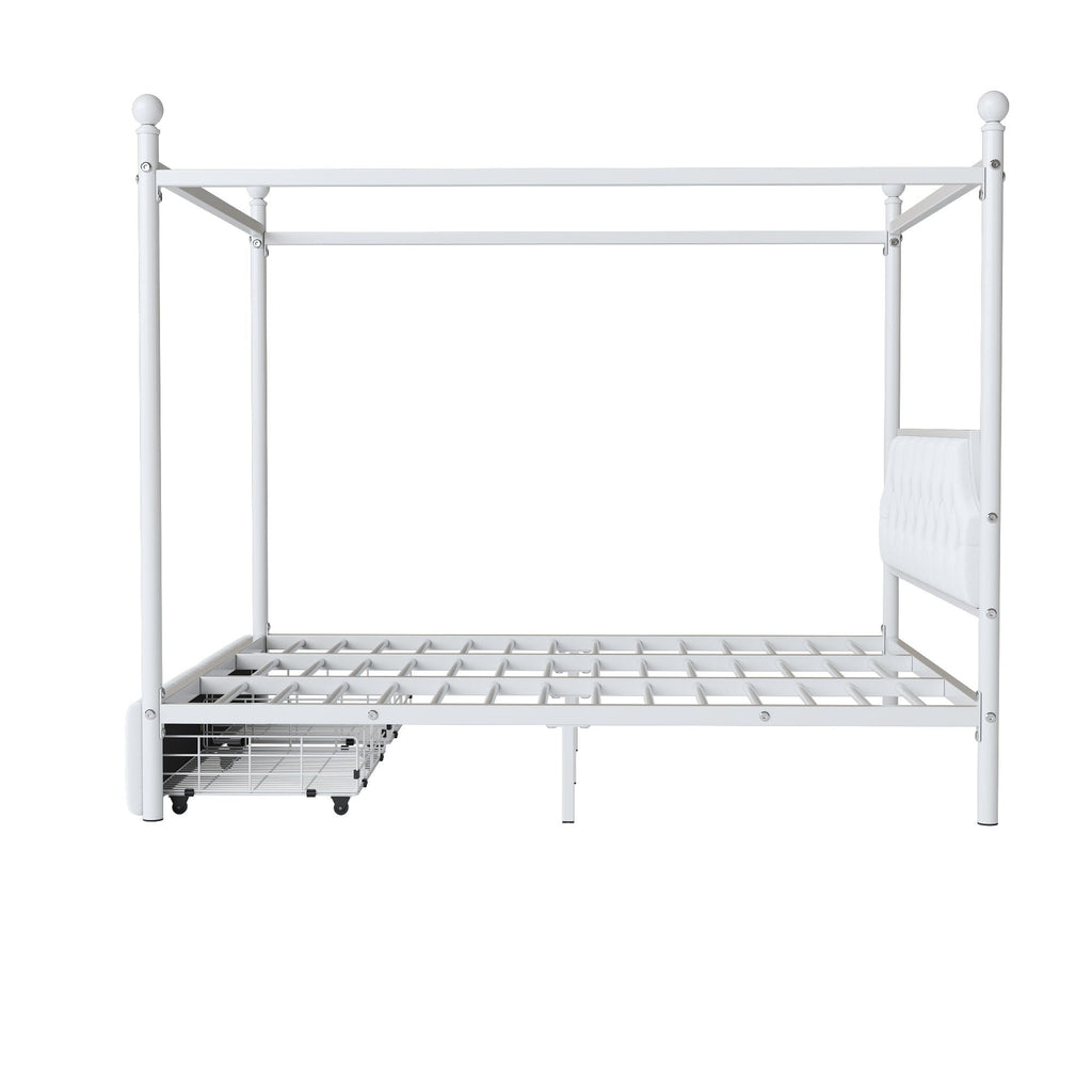 Queen Size Canopy Platform Bed With Upholstered Headboard And 2 Storage Drawers - White