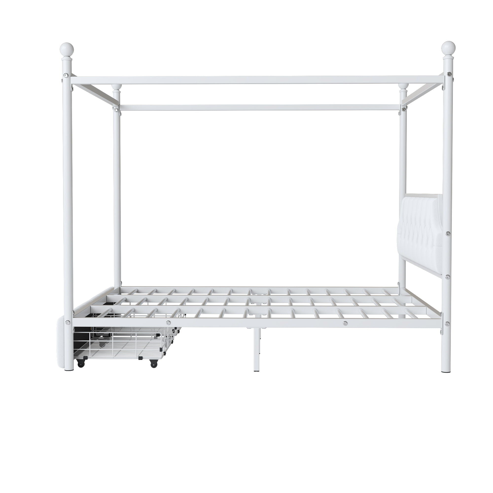 Queen Size Canopy Platform Bed With Upholstered Headboard And 2 Storage Drawers - White