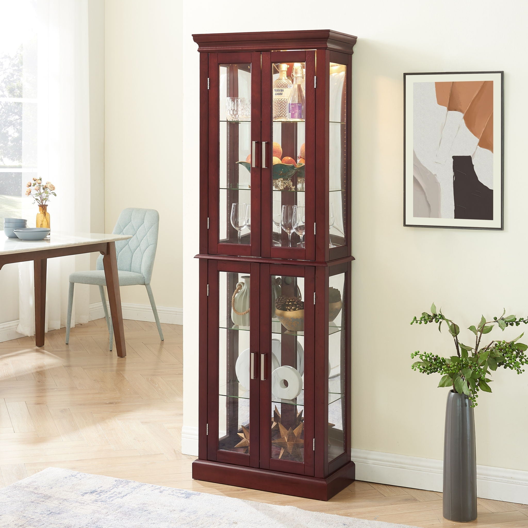 Lighted Curio Cabinet With Adjustable Shelves and Mirrored Back Panel