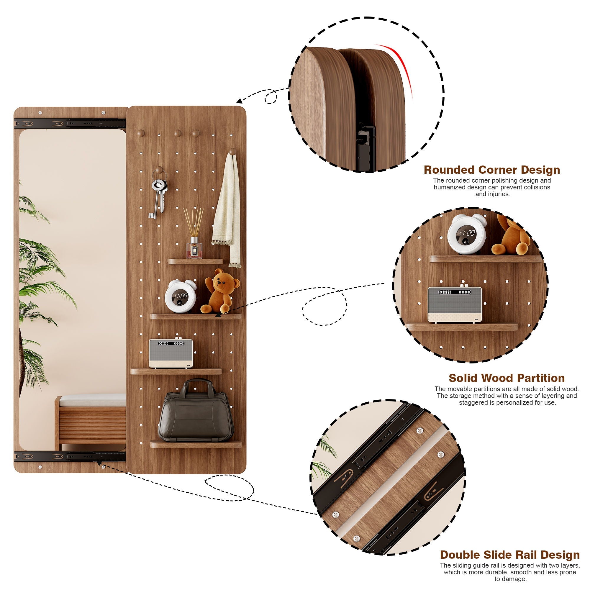Wall Mounted Full Length Mirror With Shelf And Hook