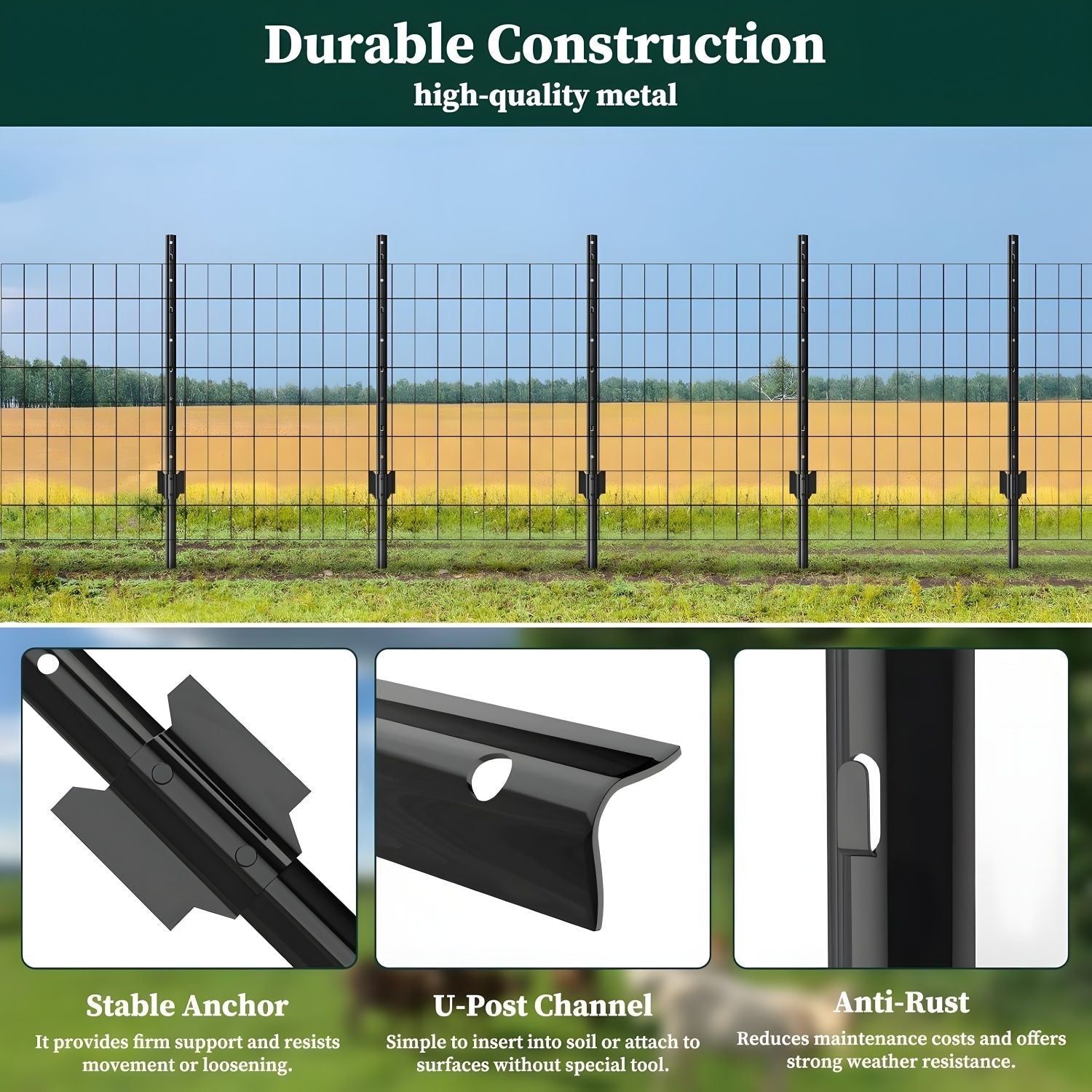 4 Foot U-Shaped Metal Garden Fence Posts Set for Wire Mesh Fencing