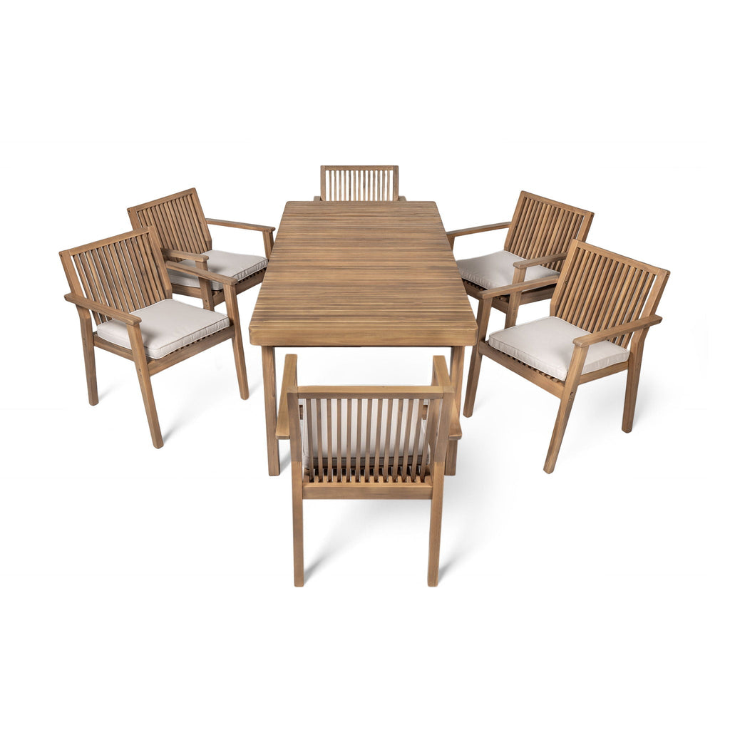 7 Piece Patio Furniture Set Acacia Wood Table And 6 Cushioned Chairs